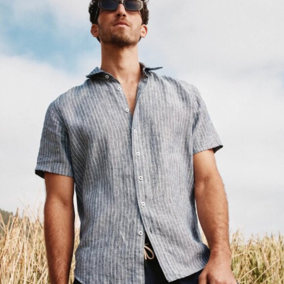 Quince 100% European Linen Relaxed Short Sleeve Shirt Size L Chambray Stripe - Picture 1 of 6